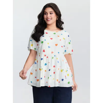 Bloomchic Women's Plus Size Supersoft Colorful Hearts Tiered Round Neck Blouse Multicolor Heart Casual Short S
