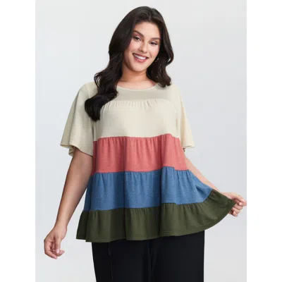Bloomchic Women's Plus Size Supersoft Colorful Stripes A-line Knit Top Multicolor Short Sleeve Casual 10/m