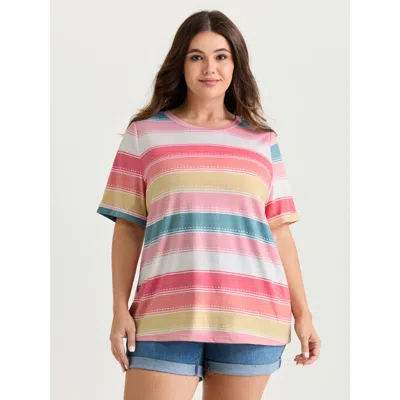 Bloomchic Women's Plus Size Supersoft Colorful Stripes Round Neck T-shirt Multicolor Stripes Casual Short Slee