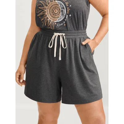 Bloomchic Women's Plus Size Supersoft Contrast Drawstring Mixed Knit Shorts Dimgray Casual Straight Fit Lace-u
