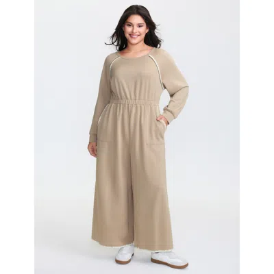 Bloomchic Women's Plus Size Supersoft Contrast Edges Stretchy Waist Jumpsuit Champagne Casual 10/m In Gold