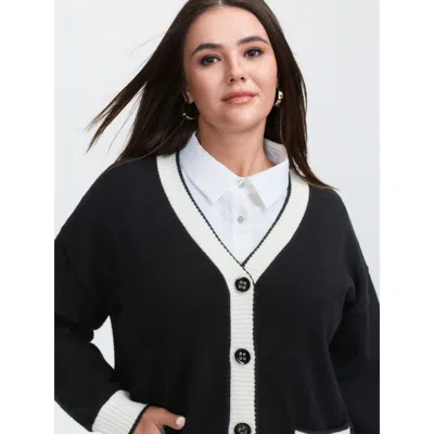 Bloomchic Women's Plus Size Supersoft Contrast Trim Pocketed Cardigan Black Long Sleeve 10/m