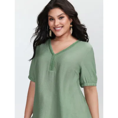 Bloomchic Women's Plus Size Supersoft Contrast Webbing V-neck Blouse Greenbean Non Vacation Half Sleeve 10/m