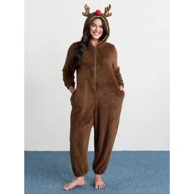 Bloomchic Women's Plus Size Supersoft Cozy Reindeer Hooded Lounge Jumpsuit Yellowishbrown Not Graphics 10/m