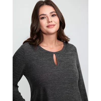 Bloomchic Women's Plus Size Supersoft Cozy-up Neck Keyhole T-shirt Dimgray Solid Casual Long Sleeve Round Neck