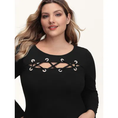 Bloomchic Women's Plus Size Supersoft Cross-tie Cut-out Fitted T-shirt Black Non Casual Long Sleeve 30/6x