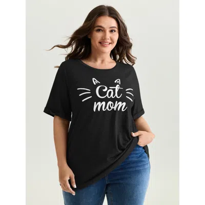 Bloomchic Women's Plus Size Supersoft Cute Cat Mom Round Neck T-shirt Black Non Casual Short Sleeve 12/l