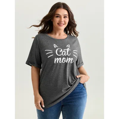 Bloomchic Women's Plus Size Supersoft Cute Cat Mom Round Neck T-shirt Dimgray Non Casual Short Sleeve 10/m