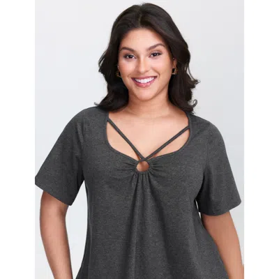 Bloomchic Women's Plus Size Supersoft Cut-out Neck Solid T-shirt Darkgray Solid Casual Short Sleeve U-neck 12/ In Gray