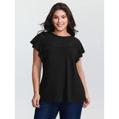 Bloomchic Women's Plus Size Supersoft Cut-out Neckline Flutter Sleeve T-shirt Black Synthetic Texture Casual S