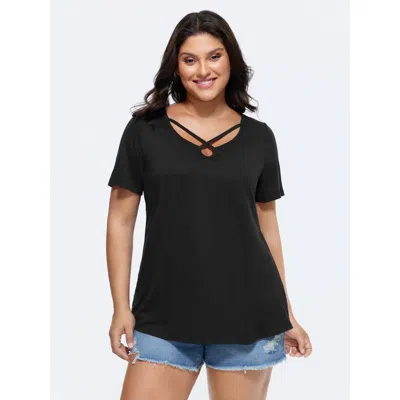 Bloomchic Women's Plus Size Supersoft Cut-out Neckline Plain T-shirt Black Solid Casual Short Sleeve Keyhole N