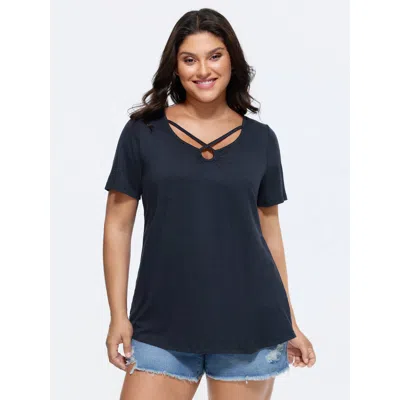 Bloomchic Women's Plus Size Supersoft Cut-out Neckline Plain T-shirt Indigo Solid Casual Short Sleeve Keyhole  In Purple