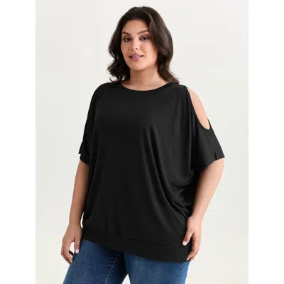 Bloomchic Women's Plus Size Supersoft Cut-out Shoulder Plain T-shirt Black Solid Casual Short Sleeve Round Nec