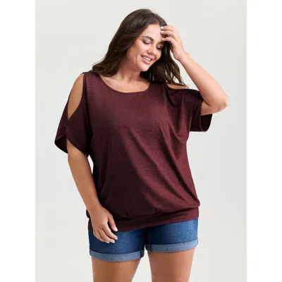 Bloomchic Women's Plus Size Supersoft Cut-out Shoulder T-shirt Burgundy Solid Casual Short Sleeve Round Neck 2