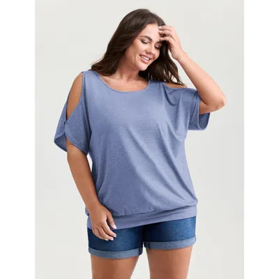 Bloomchic Women's Plus Size Supersoft Cut-out Shoulder T-shirt Lightblue Solid Casual Short Sleeve Round Neck  In Blue