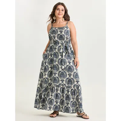Bloomchic Women's Plus Size Supersoft Damask Print Waist-tie Maxi Dress Darkblue Ethnic Floral Maxi Vacation 1 In Blue