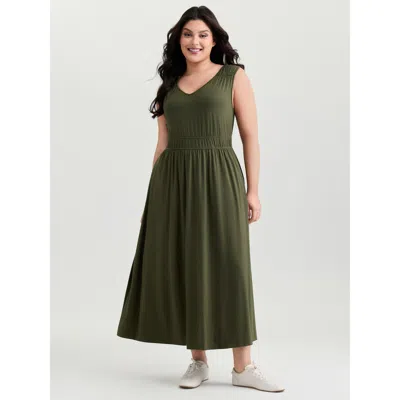 Bloomchic Women's Plus Size Supersoft Deep V-neckline Stretchy Waist Midi Dress Armygreen Non Midi Casual Gath