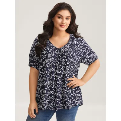 Bloomchic Women's Plus Size Supersoft Ditsy Floral Print Blouse Indigo Ditsy Floral Casual Short Sleeve V-neck In Purple