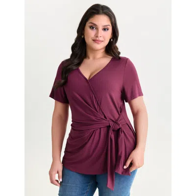 Bloomchic Women's Plus Size Supersoft Draped Side-tie T-shirt Burgundy Solid Elegant Short Sleeve V-neck 12/l