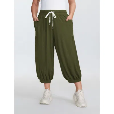 Bloomchic Women's Plus Size Supersoft Drawstring Cropped Jogger Pants Armygreen Non Tapered Ankle High Rise Ca