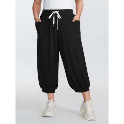 Bloomchic Women's Plus Size Supersoft Drawstring Cropped Jogger Pants Black Non Tapered Ankle High Rise Casual