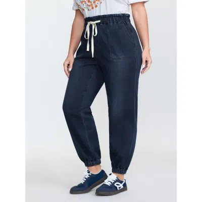Bloomchic Women's Plus Size Supersoft Drawstring Elastic Waist Jeans Denimindigo Tapered Ankle Medium Stretch 