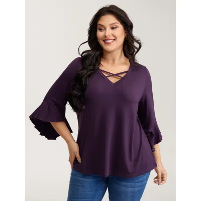 Bloomchic Women's Plus Size Supersoft Drawstring Neckline Ruffled Sleeve Knit Top Eggplant 3/4 Sleeve Elegant  In Purple
