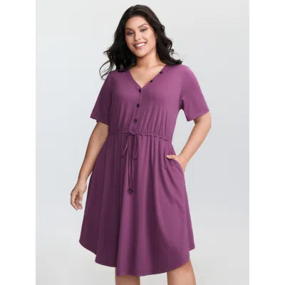 Bloomchic Women's Plus Size Supersoft Drawstring Waist Button Placket Mini Dress Deeppurplered Solid Tunic Cas