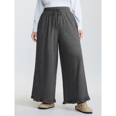 Bloomchic Women's Plus Size Supersoft Drawstring Waist Ruffled Hem Pants Dimgray Solid Wide Leg High Rise Casu