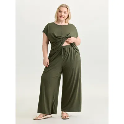 Bloomchic Women's Plus Size Supersoft Drawstring Waist Straight Leg Pants Armygreen Solid Wide Leg Mid Rise Ca