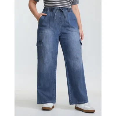 Bloomchic Women's Plus Size Supersoft Drawstring Wide-leg Cargo Jeans Midblue Not Graphics Lace-up Wide Leg Lo