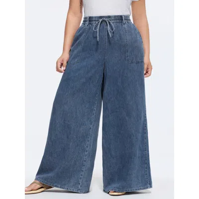 Bloomchic Women's Plus Size Supersoft Elastic Waistband Wide-leg Jeans Midblue Non Wide Leg No Stretch 10/m