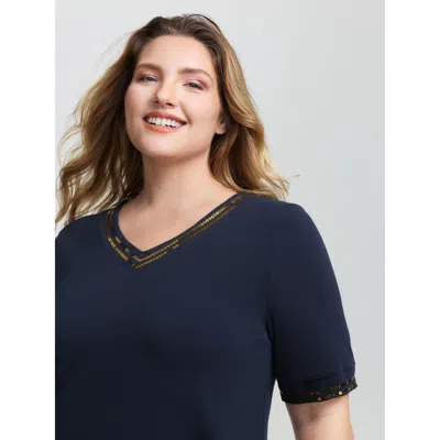 Bloomchic Women's Plus Size Supersoft Embroidered Bead Sequins T-shirt Indigo Non Casual Half Sleeve 18-20/2x In Purple