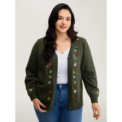 Bloomchic Women's Plus Size Supersoft Embroidered Button Knit Cardigan Armygreen Long Sleeve 22-24/3x