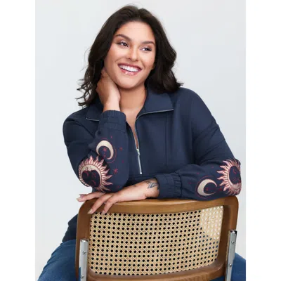 Bloomchic Women's Plus Size Supersoft Embroidered Half-zip Sweatshirt Navy Star And Moon Casual 22-24/3x In Blue