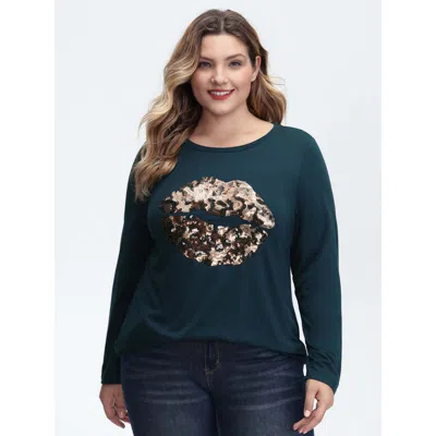 Bloomchic Women's Plus Size Supersoft Embroidered Leopard Lips Sequin T-shirt Aegean Synthetic Texture Casual  In Blue