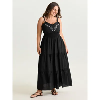Bloomchic Women's Plus Size Supersoft Embroidered Neckline Shirred Tiered Maxi Dress Black Solid Maxi Vacation