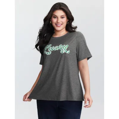 Bloomchic Women's Plus Size Supersoft Embroidered Patchwork Round Neck T-shirt Dimgray Floral Casual Short Sle