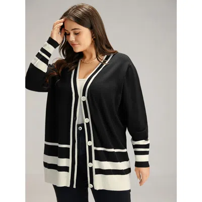 Bloomchic Women's Plus Size Supersoft Essentials Anti-pilling Contrast Button Up Cardigan Black Long Sleeve 10