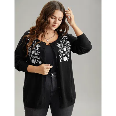 Bloomchic Women's Plus Size Supersoft Essentials Anti-pilling Silhouette Floral Print Cardigan Black Long Slee