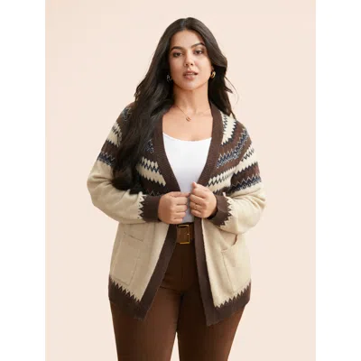 Bloomchic Women's Plus Size Supersoft Essentials Bandana Jacquard Pocket Cardigan Darkbrown Long Sleeve 12/l In Brown