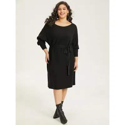 Bloomchic Women's Plus Size Supersoft Essentials Boat Neck Belted Sweater Dress Black Elastic Cuffs 28/5x