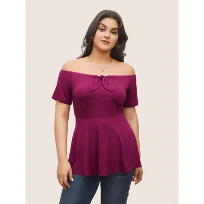 Bloomchic Women's Plus Size Supersoft Essentials Bowknot Off Shoulder Knit Top Redviolet Short Sleeve Everyday