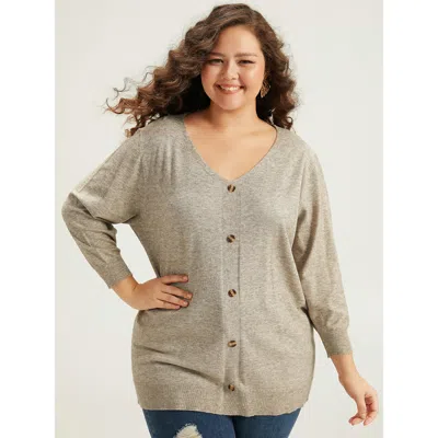 Bloomchic Women's Plus Size Supersoft Essentials Button Detail Solid V Neck Cardigan Champagne 3/4 Sleeve 10/m In Gold