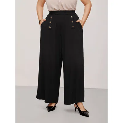 Bloomchic Women's Plus Size Supersoft Essentials Button Detail Wide Leg Pants Black Non Wide Leg High Rise Off