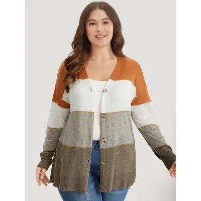 Bloomchic Women's Plus Size Supersoft Essentials Colorblock Contrast Button Up Lightweight Cardigan Gray Long 
