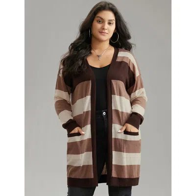 Bloomchic Women's Plus Size Supersoft Essentials Colorblock Contrast Pocket Cardigan Darkbrown Long Sleeve 10/ In Brown