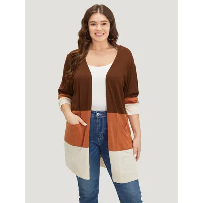 Bloomchic Women's Plus Size Supersoft Essentials Colorblock Contrast Pocket Open Front Cardigan Orange Long Sl