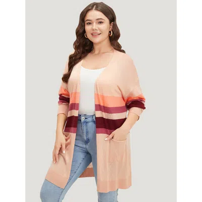 Bloomchic Women's Plus Size Supersoft Essentials Colorblock Open Front Tunic Pocket Cardigan Dustypink Long Sl In Pink