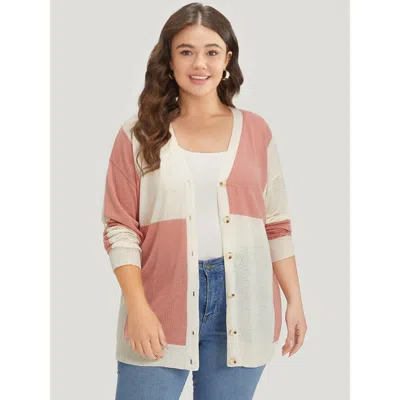 Bloomchic Women's Plus Size Supersoft Essentials Colorblock Two Tone Button Up Cardigan Salmon Long Sleeve 10/ In Pink